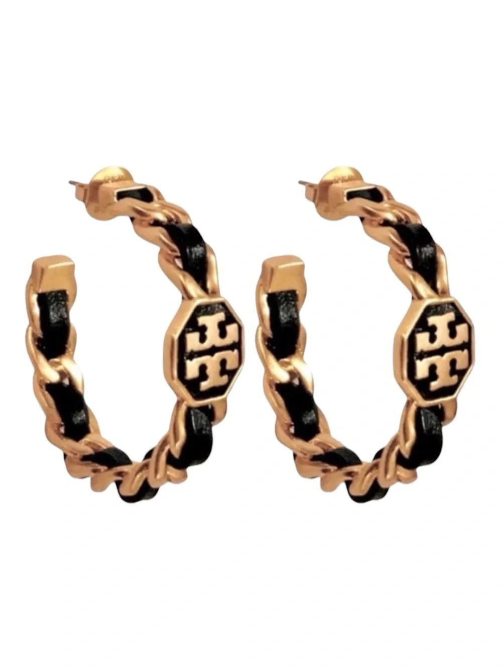 Tory Burch Marion Black Woven Hoop Earrings